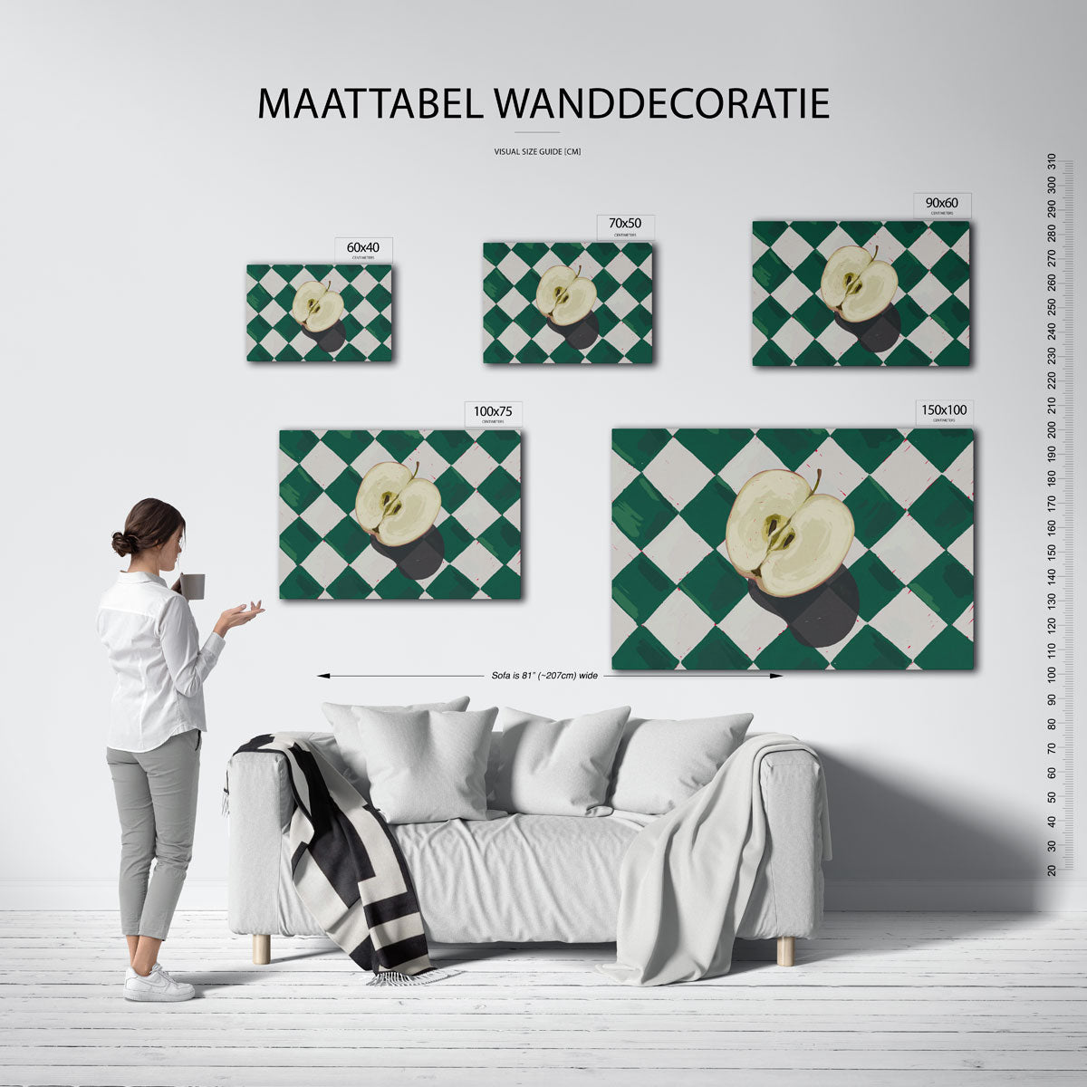 Appel op geruit patroon – kunstwerk op canvas, dibond of plexiglas