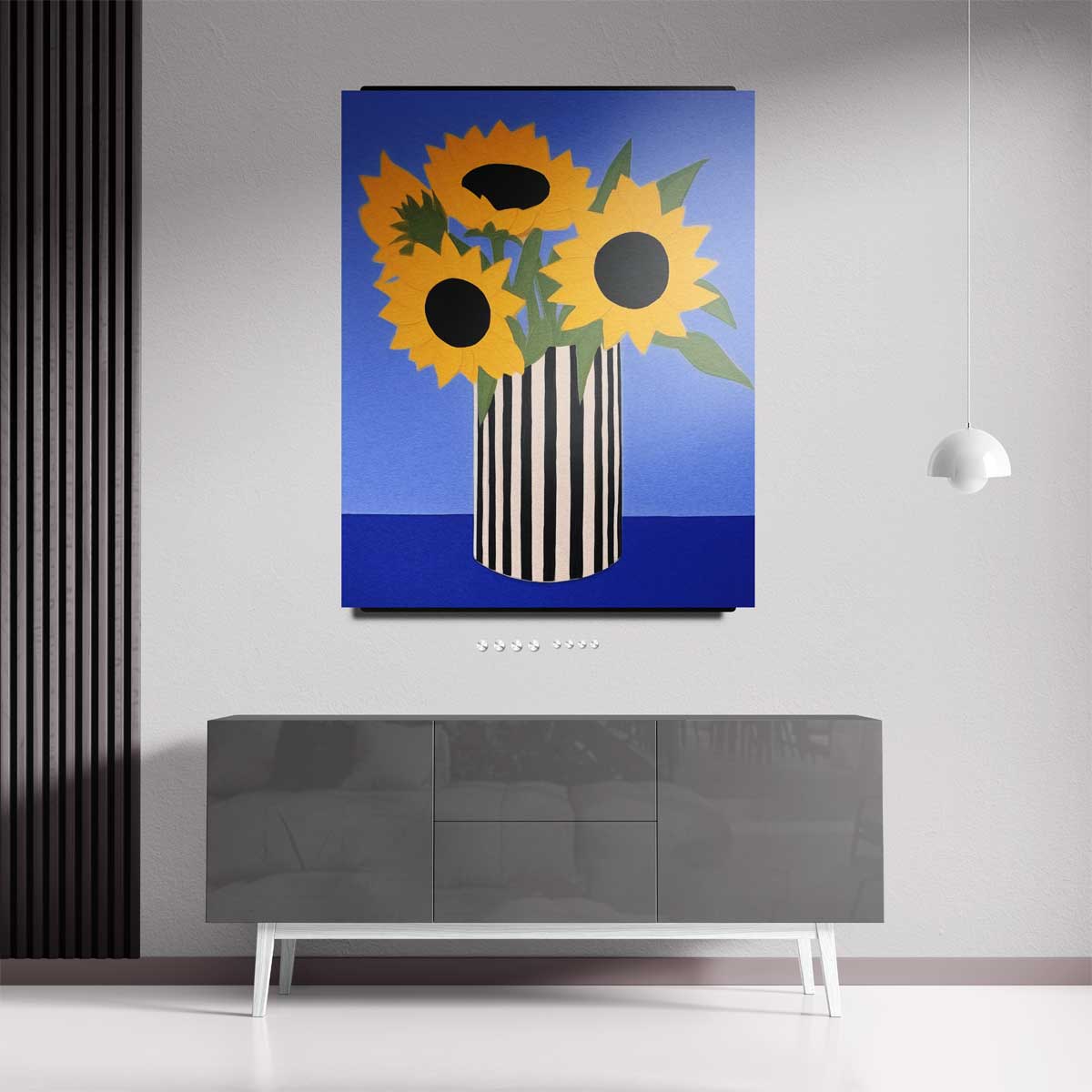 Zonnige Zonnebloemen in Streepjesvaas – kunstwerk met zwarte baklijst