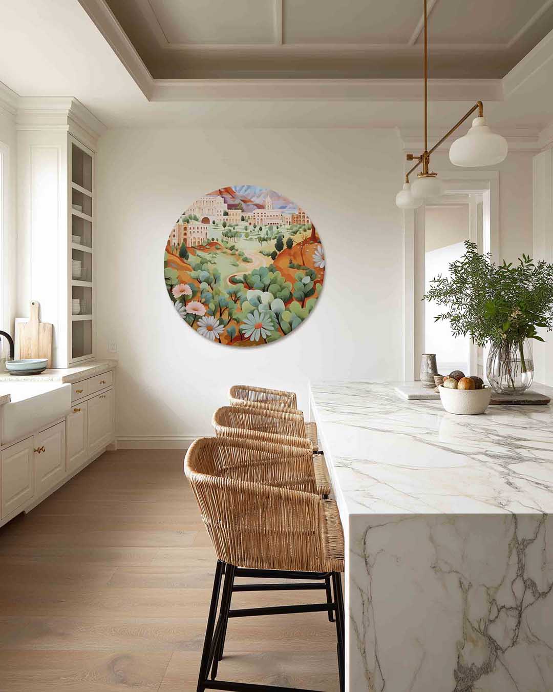 Landschap met bloemen – abstracte muurcirkel als ronde wanddecoratie