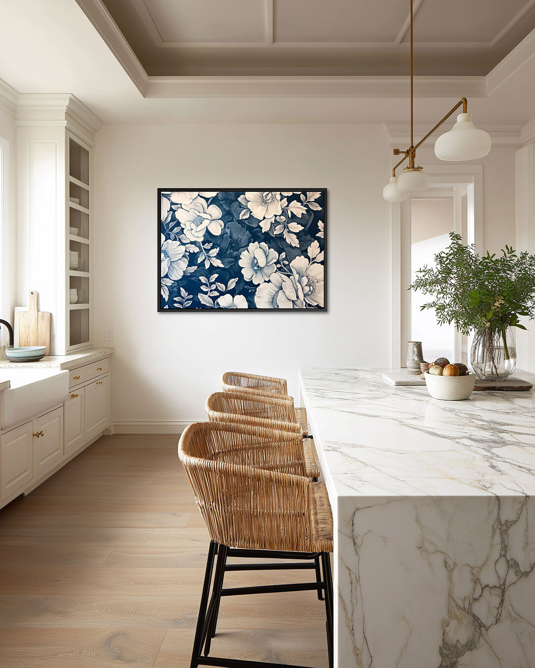 Bloemenpatroon blauw – wanddecoratie in interieur