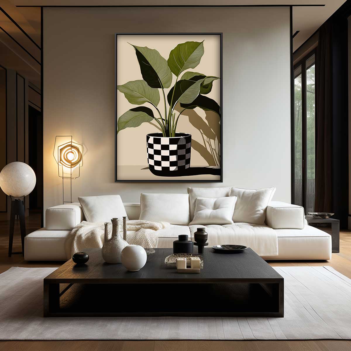 Checkered Plant Pot Art – dibond wanddecoratie in staand formaat