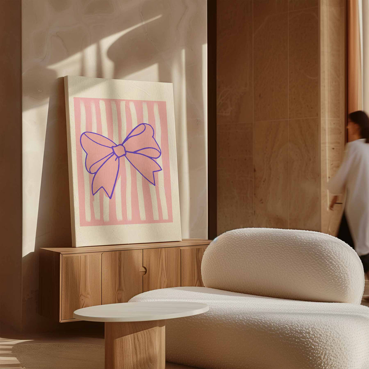 Speelse Strik op Roze Strepen – plexiglas kunstwerk als wanddecoratie