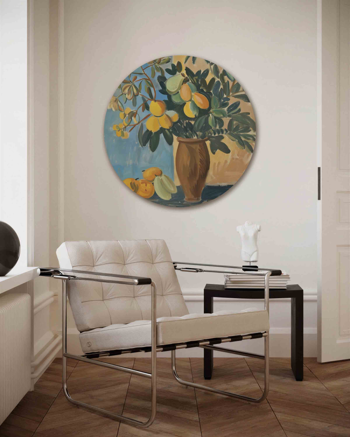 Fruit en bladeren – kleurrijke muurcirkel als ronde wanddecoratie