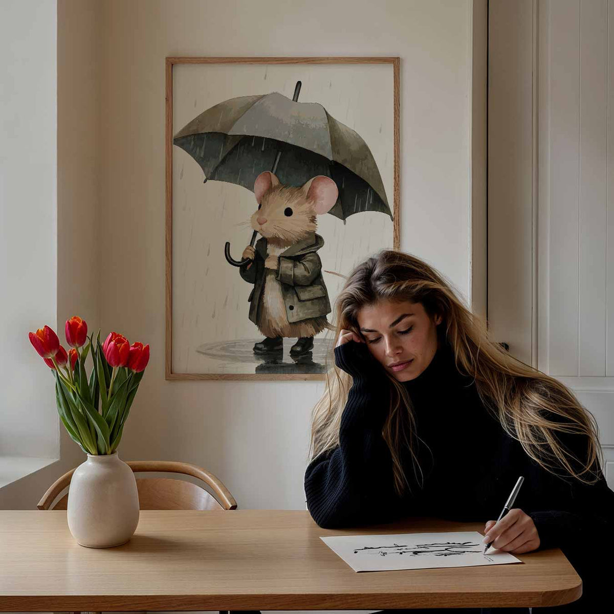 Schattige Muis in de Regen – staande muurposter voor de kinderkamer