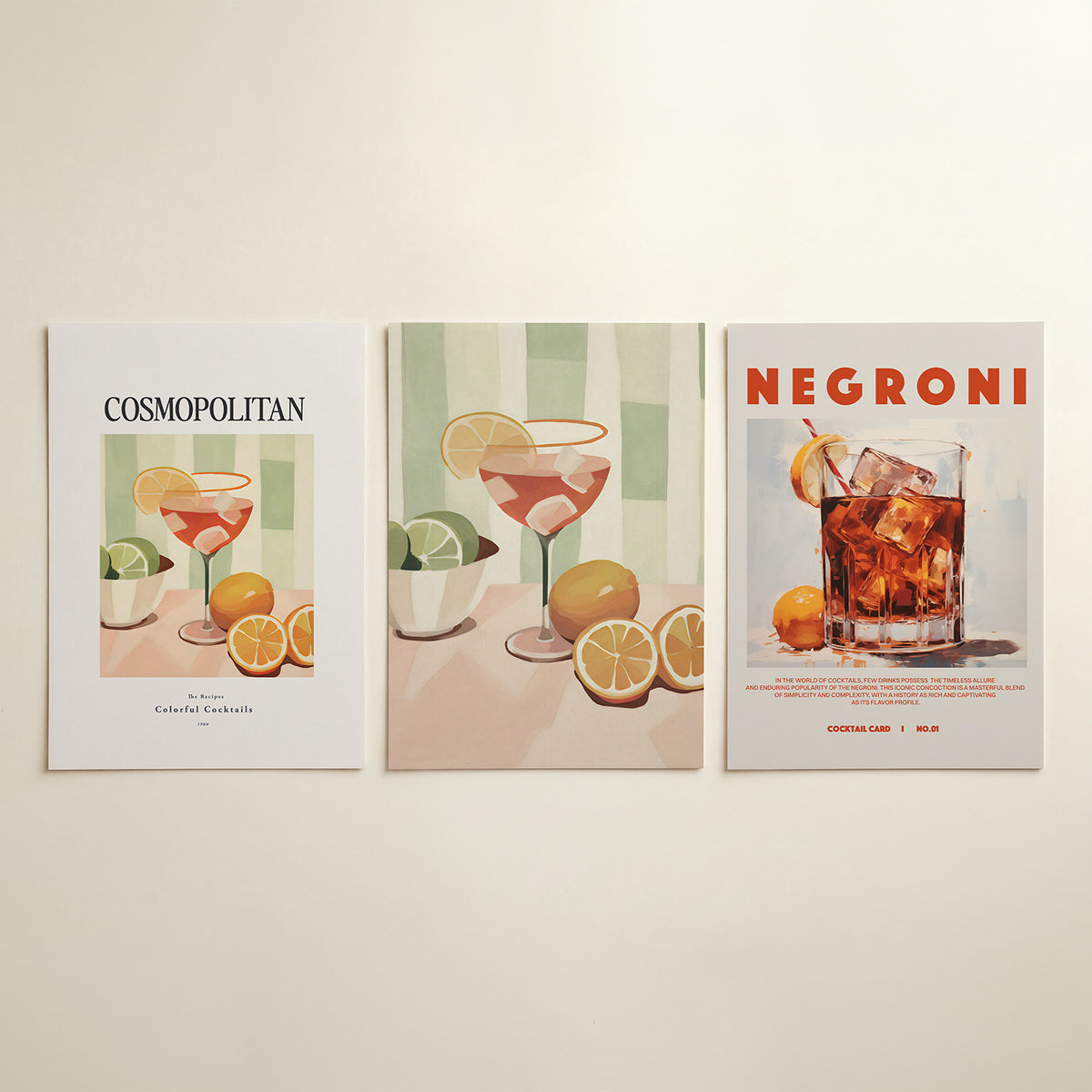 Fruitige cocktailkleuren – driedelige posterset in interieur