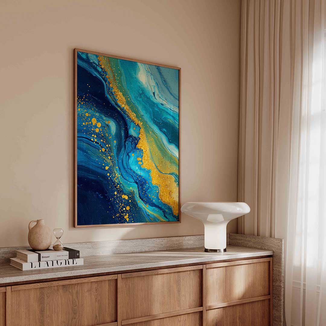 Blauwe en gouden abstracte – abstracte poster in staand formaat