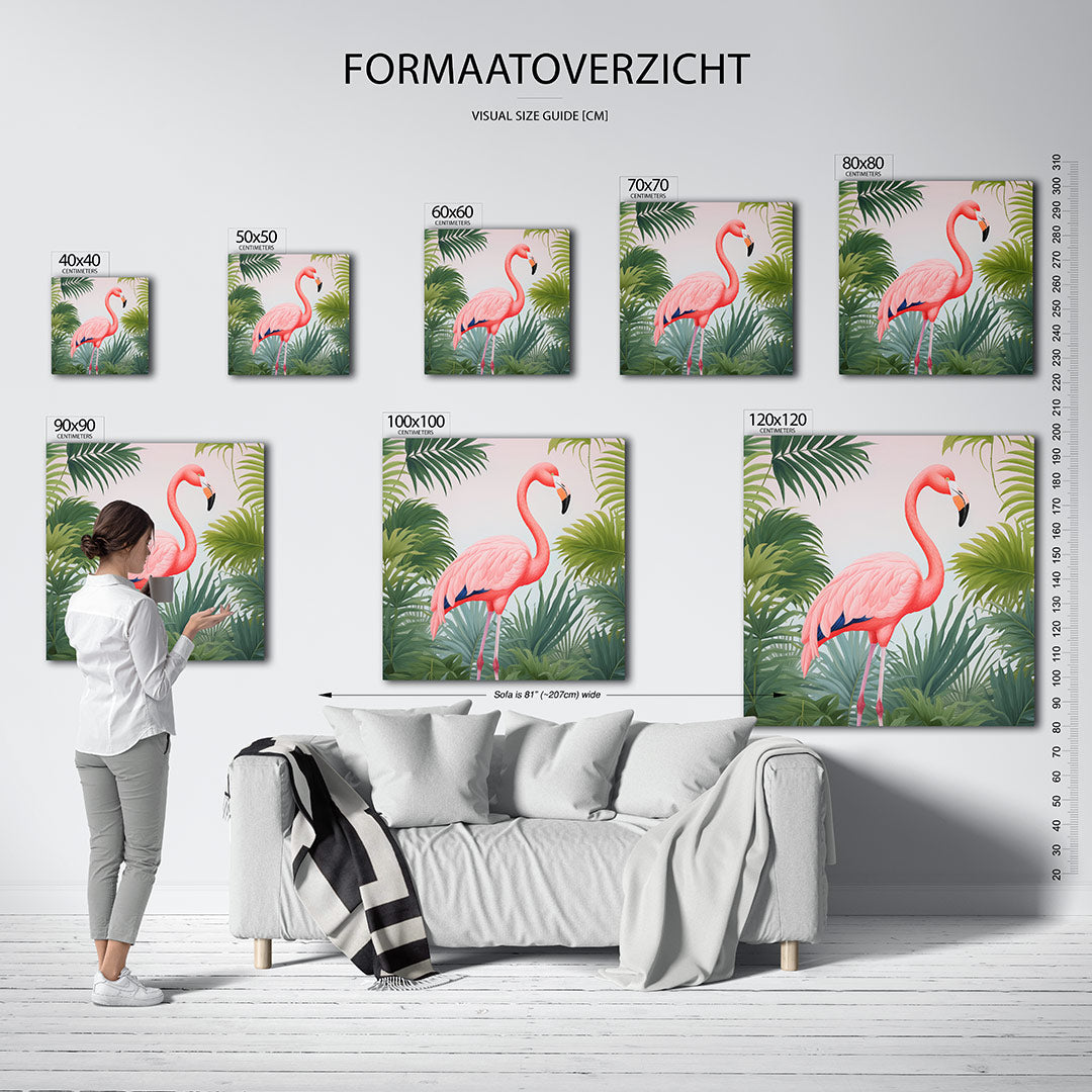 Flamingo en bladeren kunstwerk – dit werk toont een roze flamingo omringd door groene bladeren. De compositie is harmonieus