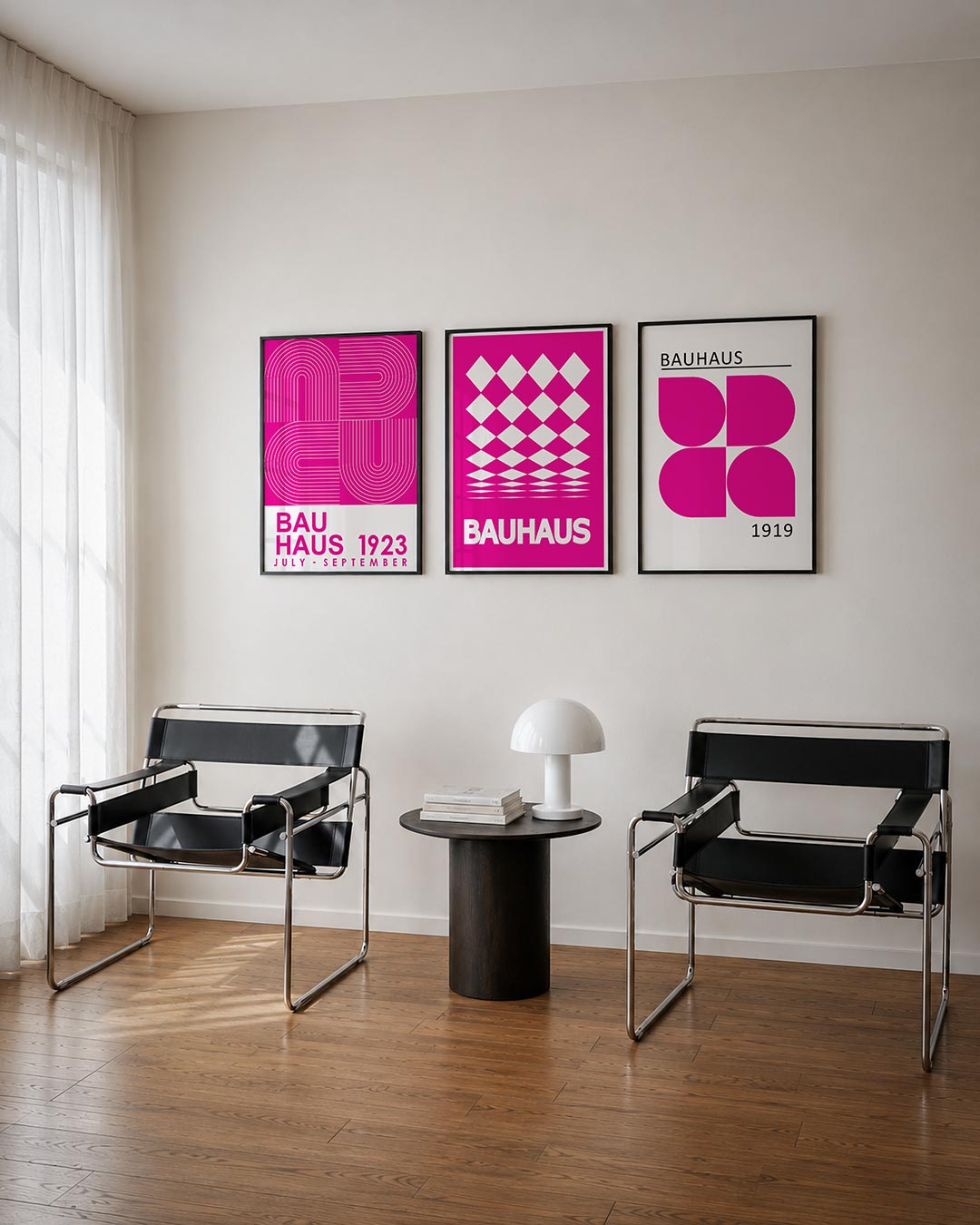 Lijnen en kleurvlakken posterset – tweede productweergave – deze posterset in drie delen toont een levendig spel van roze en