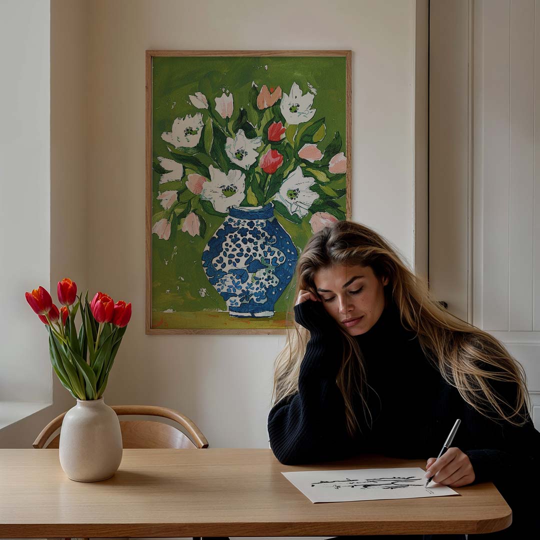 Vaas met bloemen op groene achtergrond – bloemen poster in staand formaat