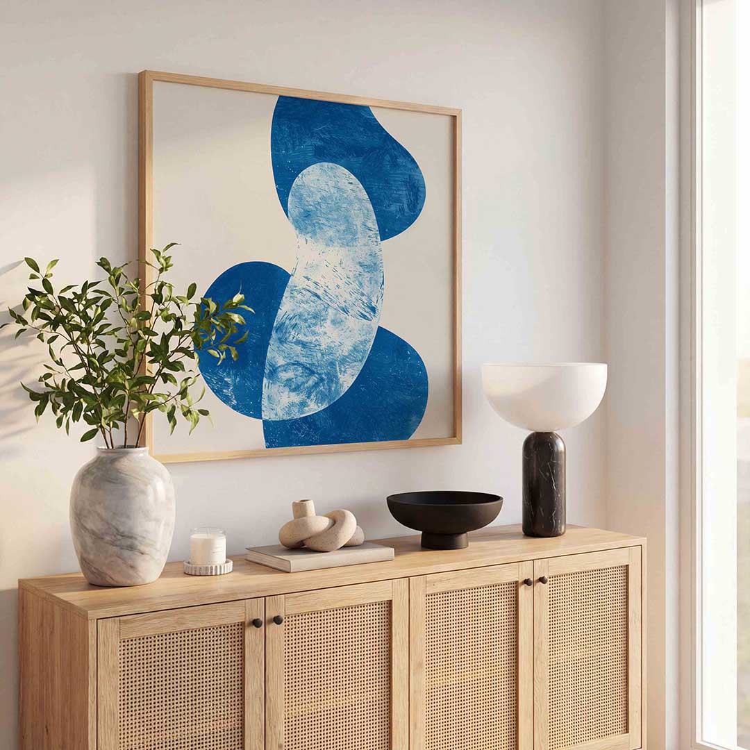 Abstracte blauwe vormen – kunst en design poster in vierkant formaat