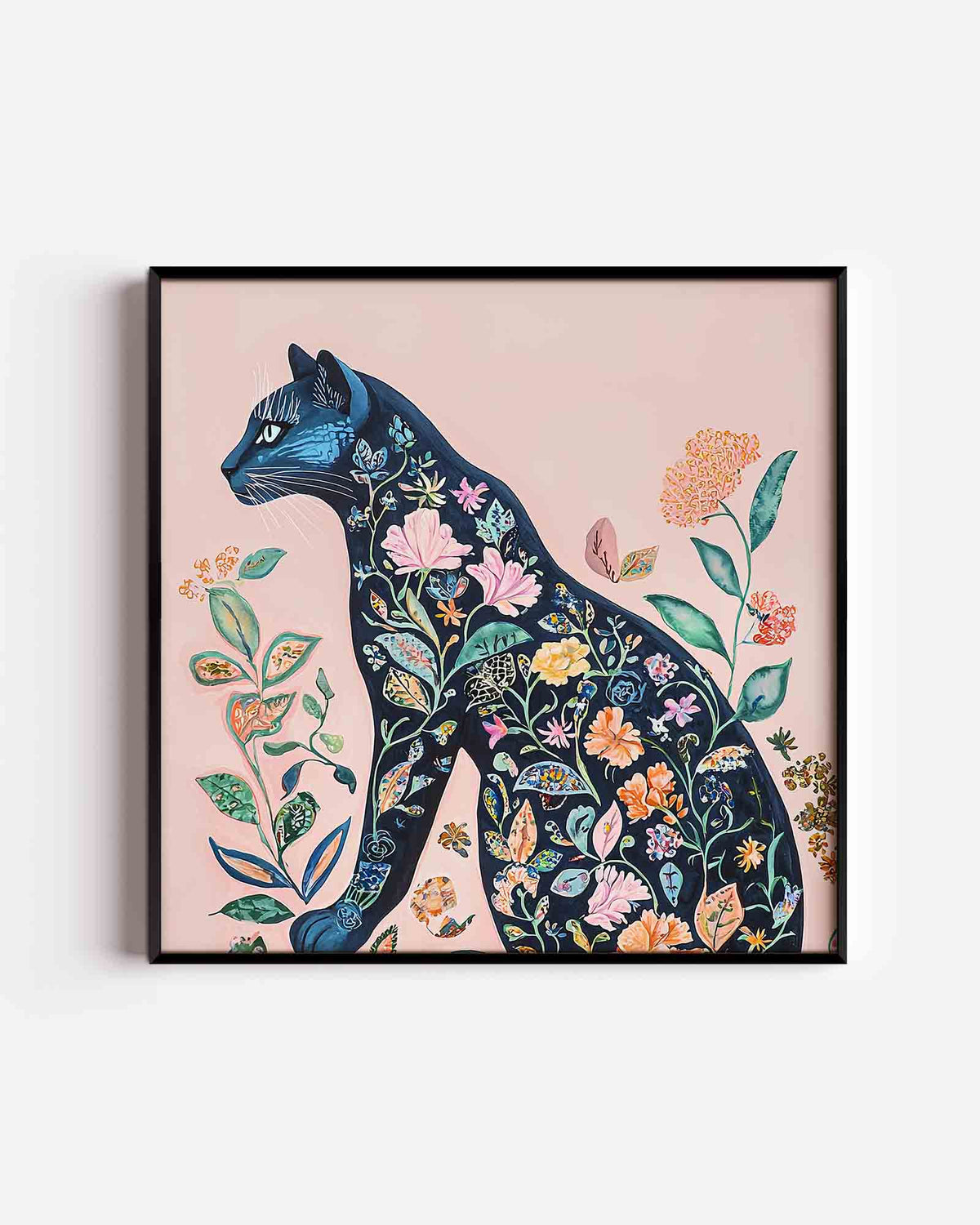 Kat met bloemen – vierkante dierenposter als wanddecoratie