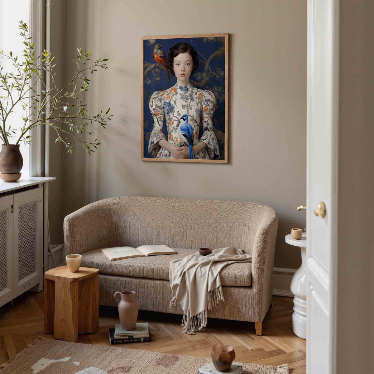 Meisje met vogels – botanische poster in staand formaat