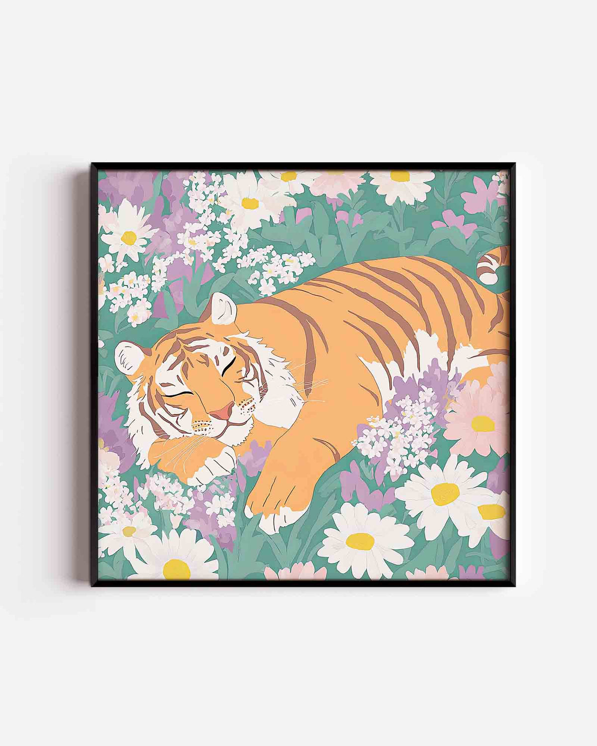 Slapende tijger tussen bloemen – vierkante dierenposter als wanddecoratie