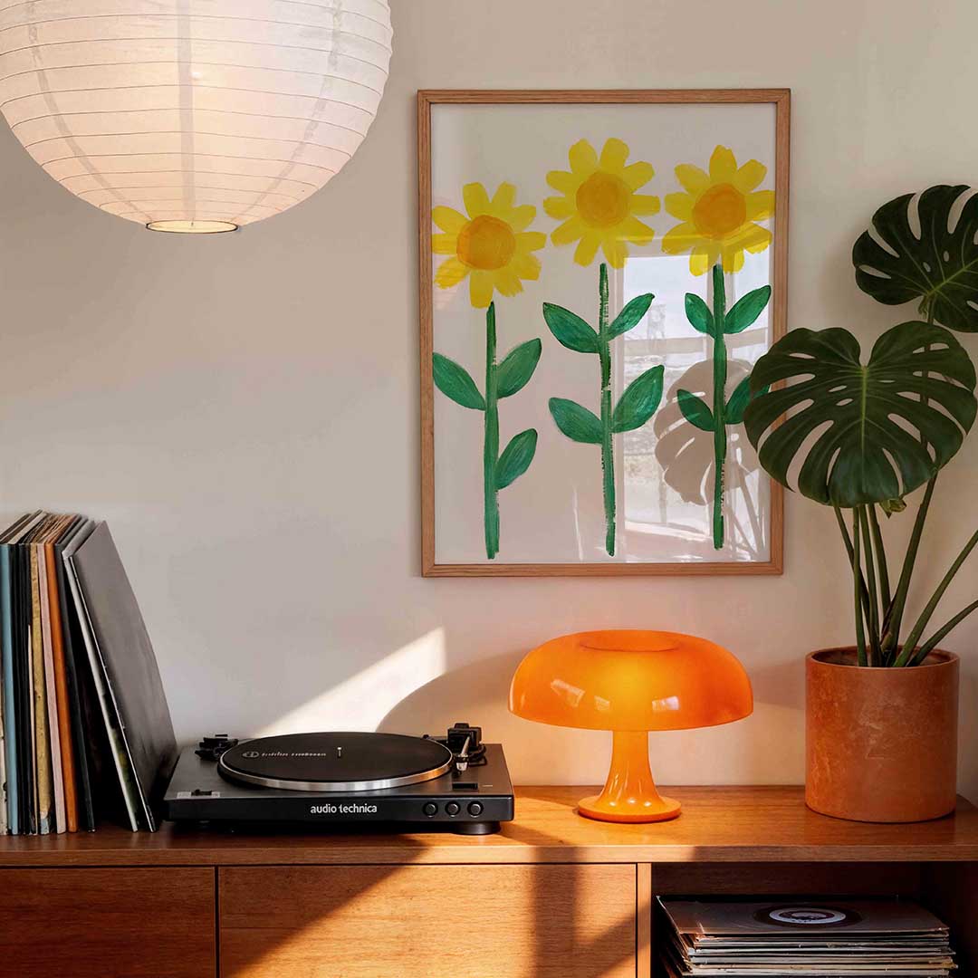 Drie zonnebloemen – staande bloemen wanddecoratie van WallArtistic