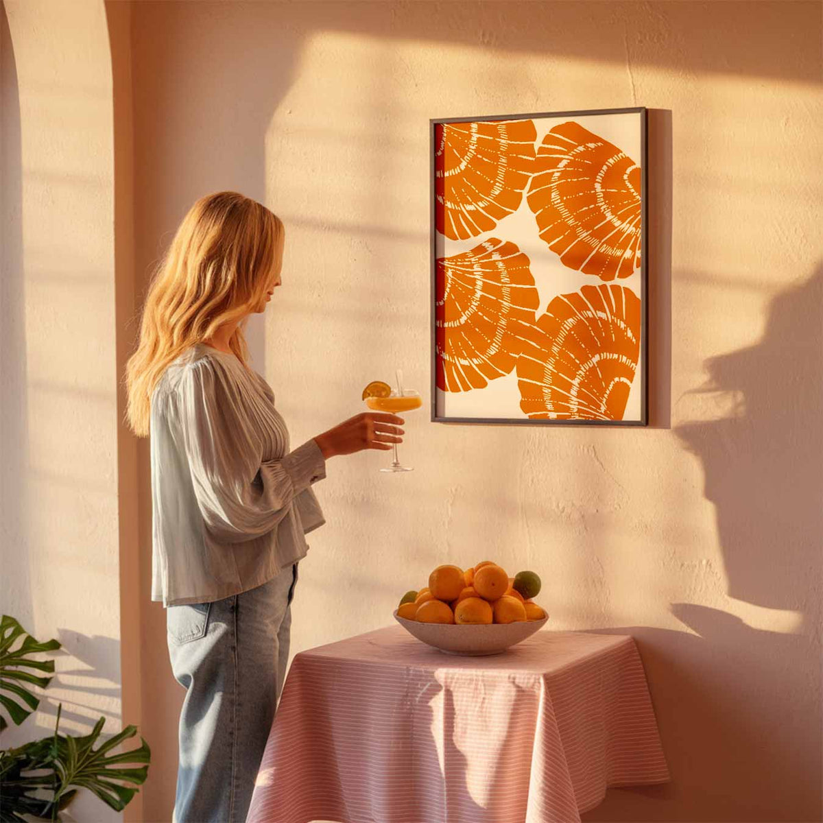 Schelpen Sfeerposter in Oranje – zeedierenposter als moderne staande wanddecoratie
