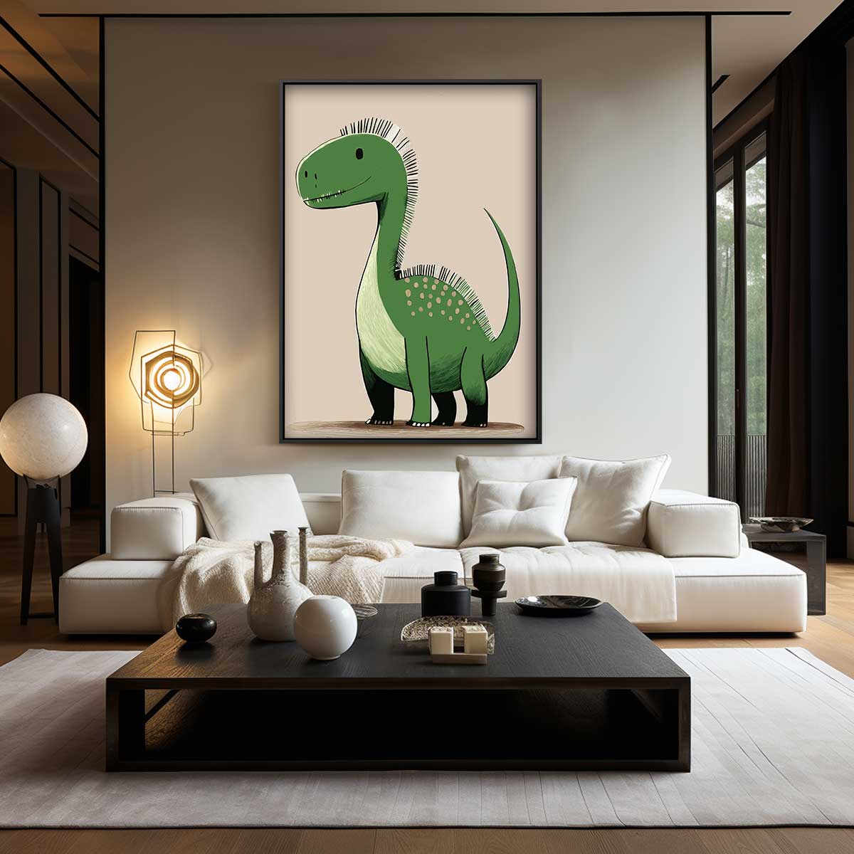 Vriendelijke Dino Illustratie – canvas wanddecoratie in portret formaat