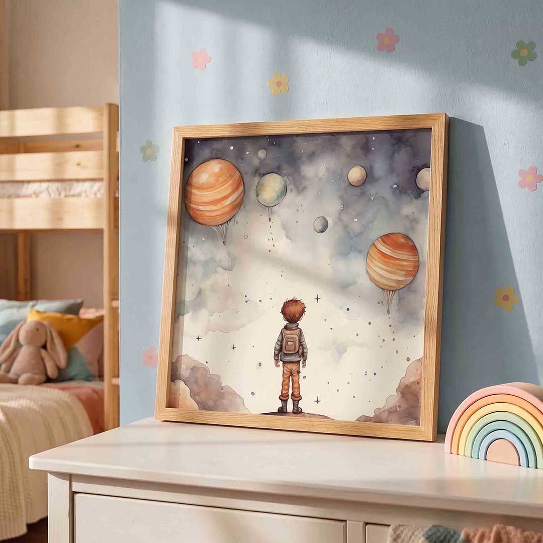Jongen met planeten – speelse wandkunst als vierkante kinderposter