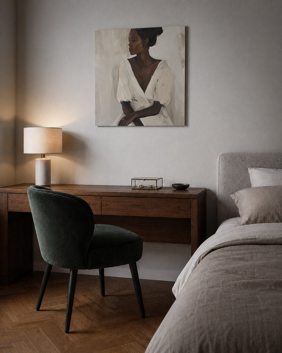 Elegante vrouwelijke pose kunstwerk – sfeerbeeld – dit kunstwerk toont een vrouw in een serene pose, met zachte