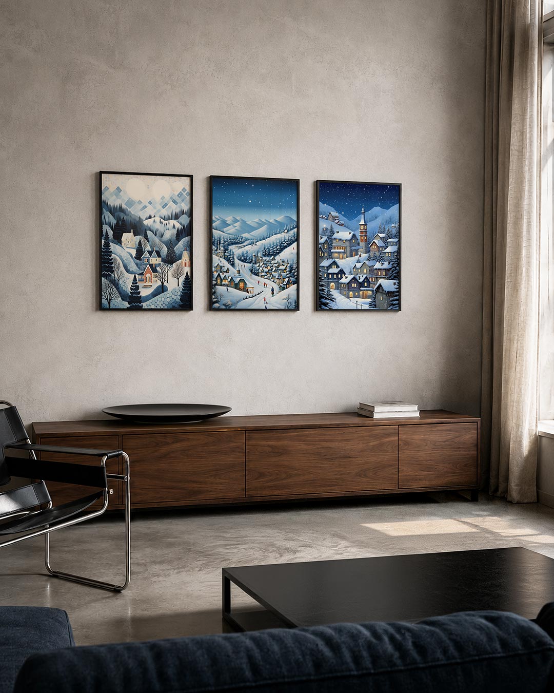Winterse dorpstafereel posterset – tweede productweergave – deze posterset in drie delen toont een winterlandschap met
