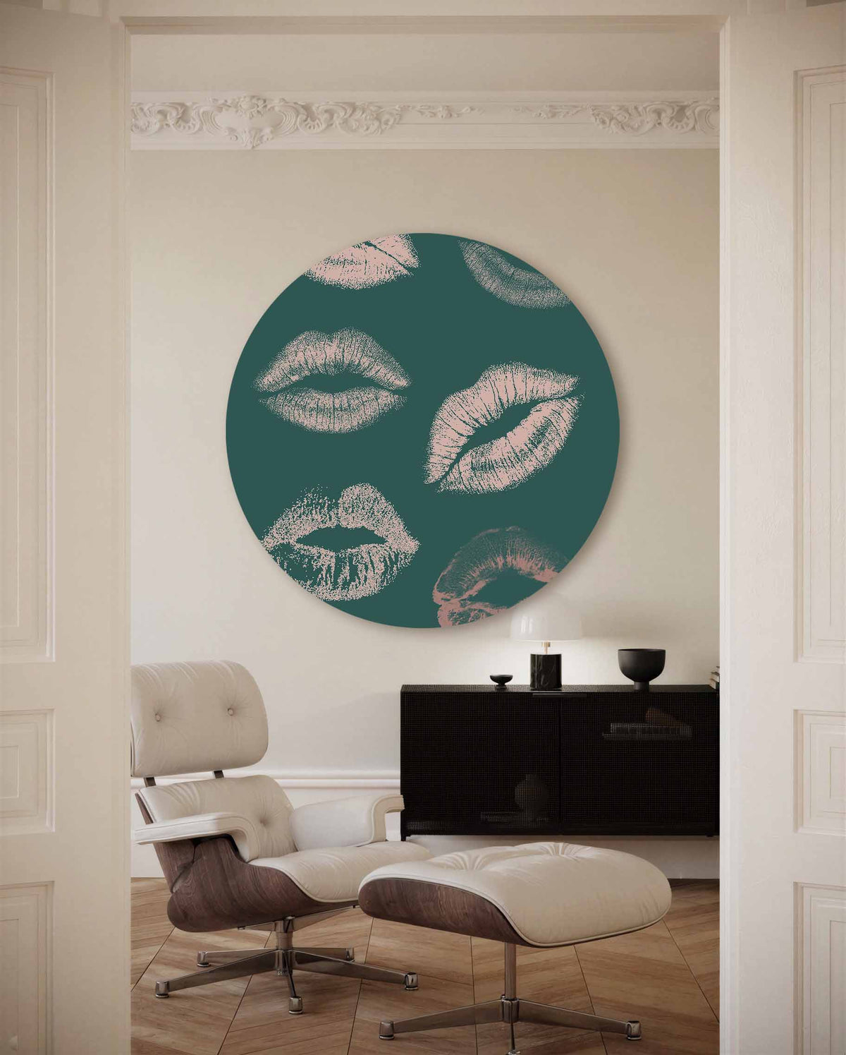 Lippenprint – muurcirkel met kleur en vormen voor aan de muur
