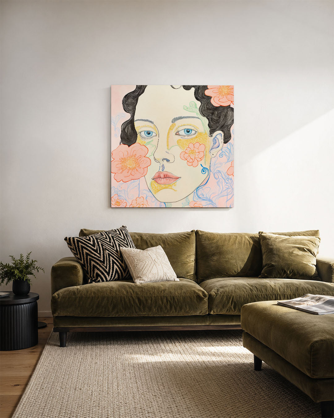 Vrouwelijk portret bloemen kunstwerk – derde productweergave – dit kunstwerk toont een vrouwelijk gezicht met blauwe ogen