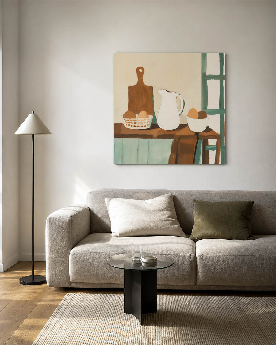 Keukenscène kunstwerk – vierkante wanddecoratie – dit werk toont een keukenscène met een kan, eieren en een snijplank. De