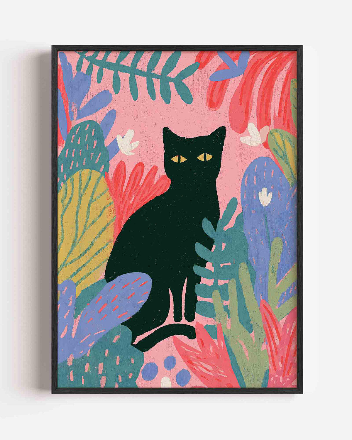 Zwarte kat en bladeren – kleurrijke abstracte portret poster als wanddecoratie