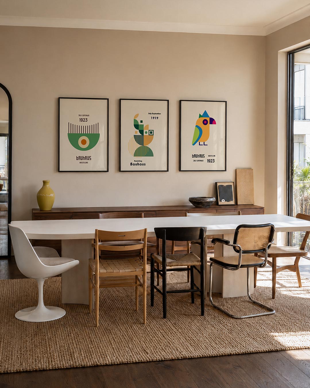 Vorm en kleur driedelige posterset – deze posterset in drie delen toont een halve cirkel met een centraal oogmotief. Rechte