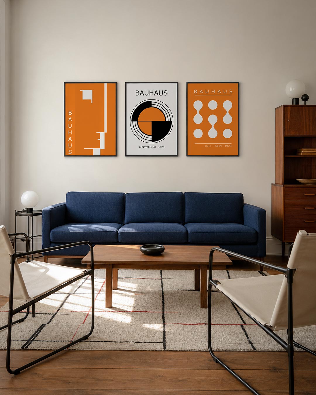 Oranje lijnenspel driedelige posterset – deze posterset in drie delen toont een levendig oranje vlak met strakke witte lijnen