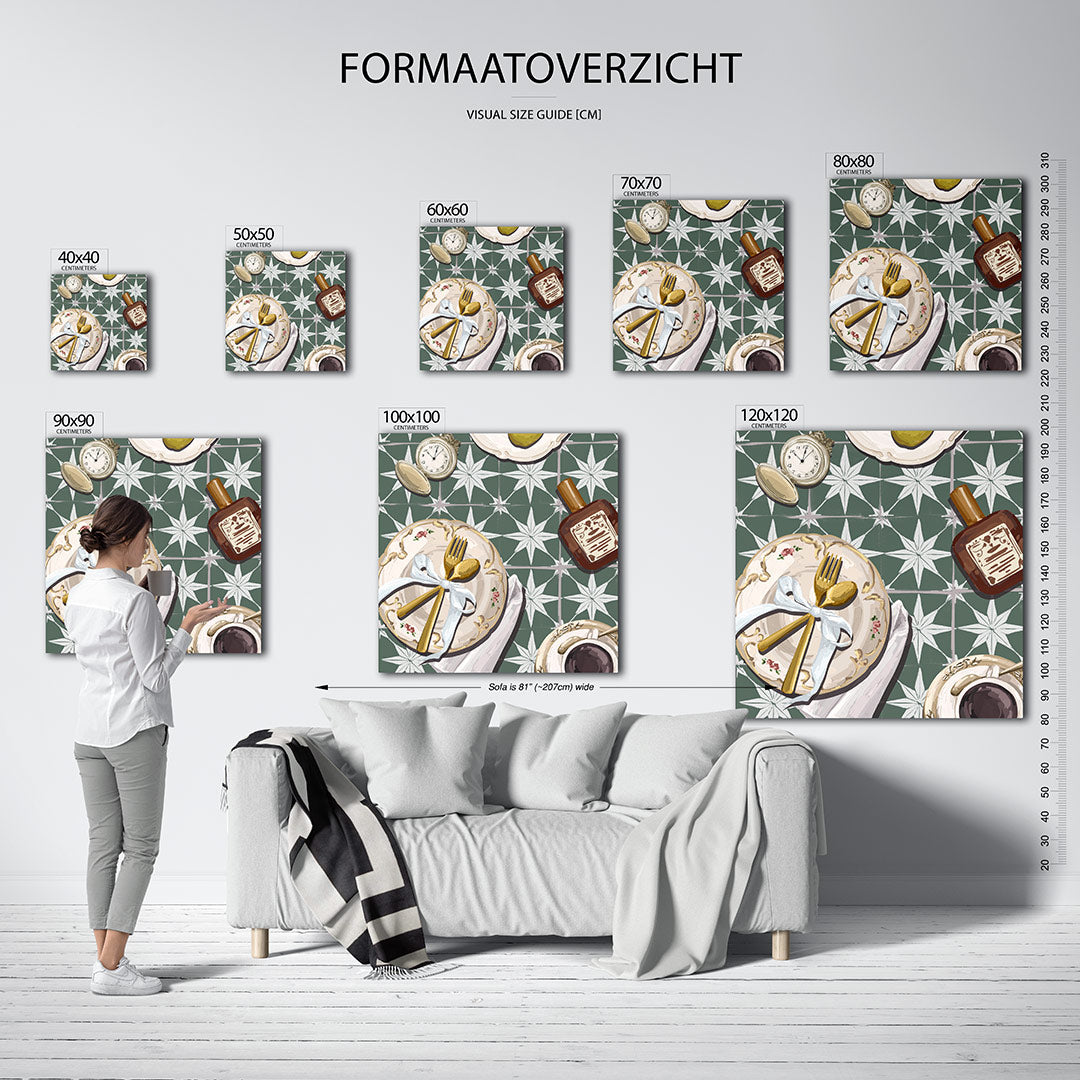 Tafelsetting kunstwerk – sfeerbeeld – dit werk toont een elegante tafelsetting met gouden bestek, een zakhorloge en een