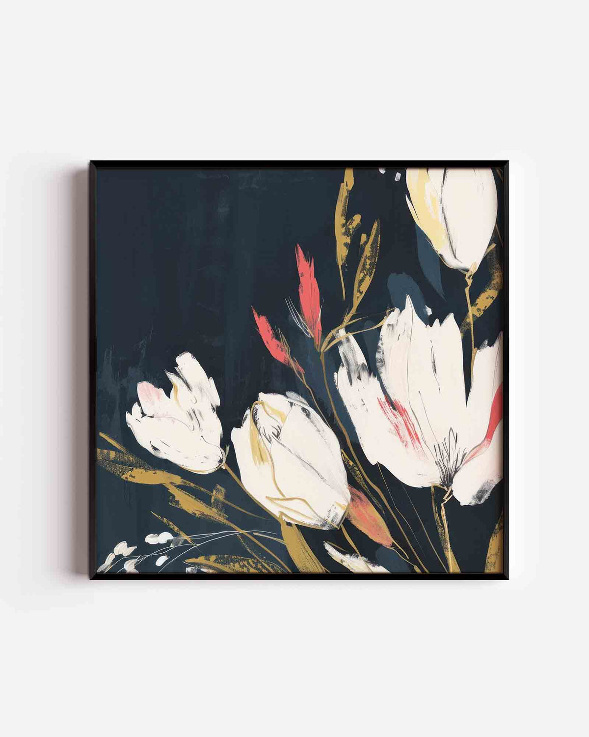 Witte bloemen op donkere achtergrond – kleurrijke illustratie poster als wanddecoratie