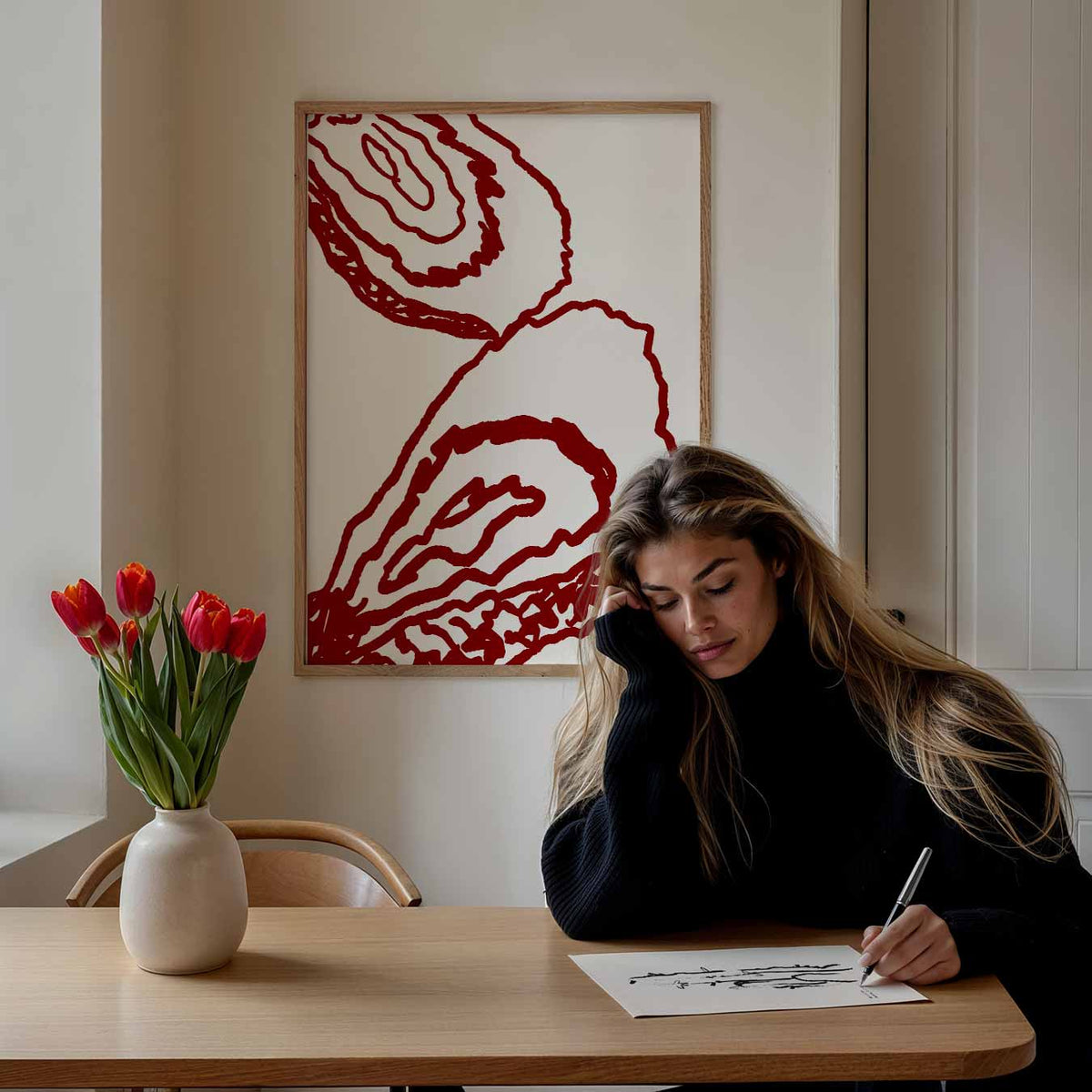Minimalistische Rode Lijntekening – staande muurposter met zomerse uitstraling