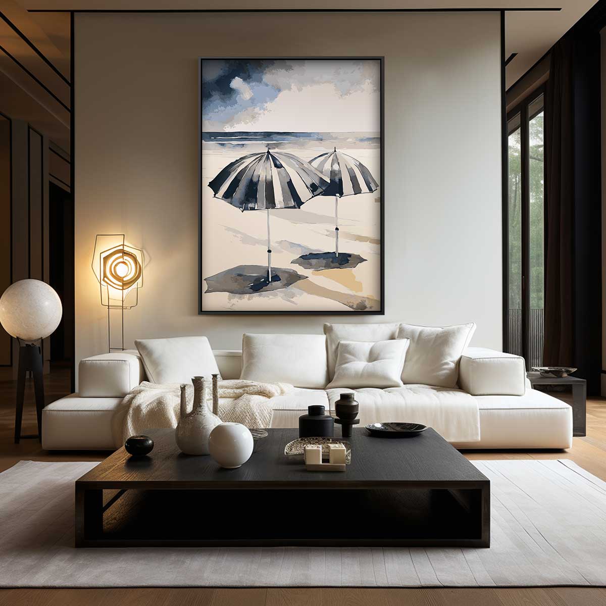 Strandparadijs Met Paraplu's – kunstwerk met zwarte baklijst