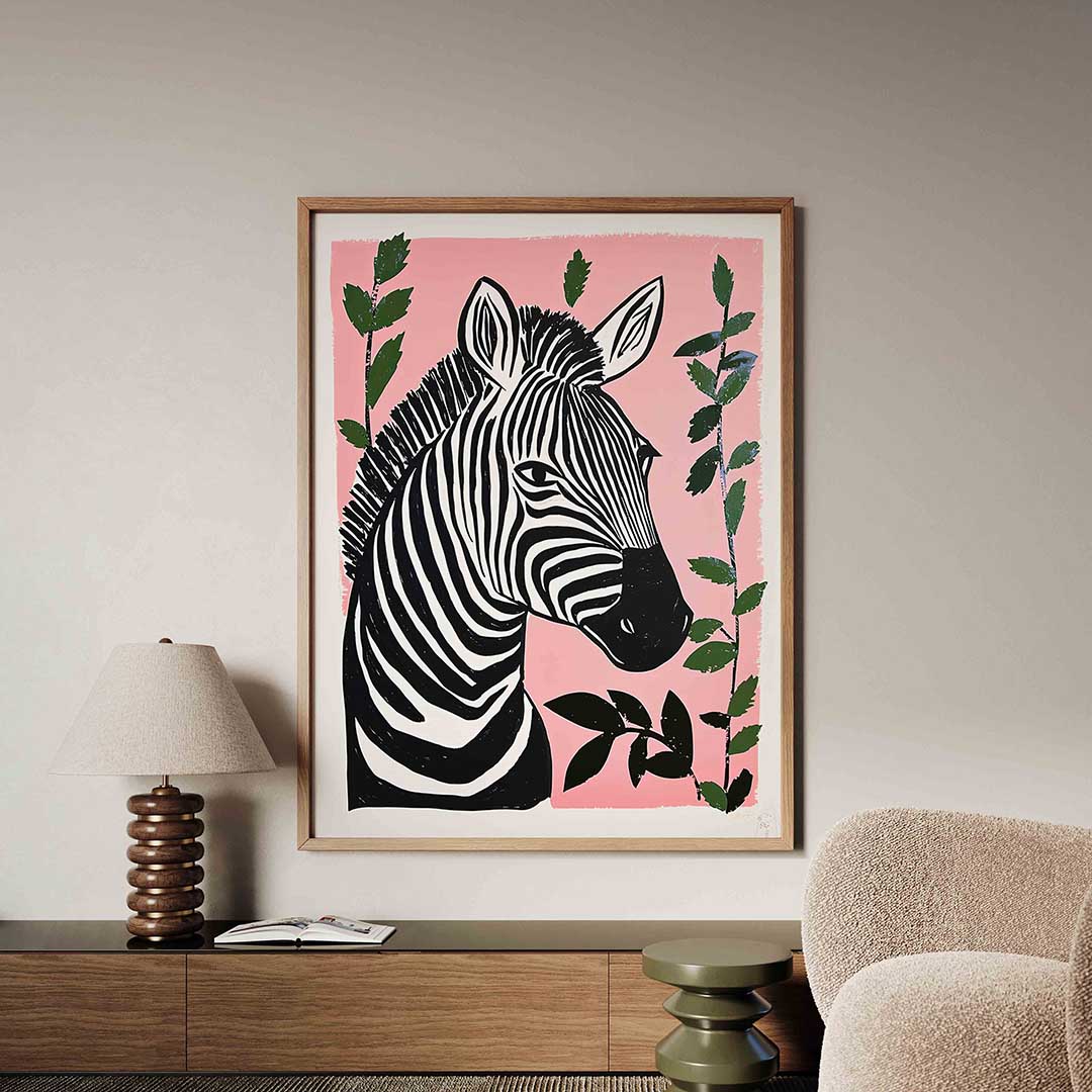 Zebra op roze – dieren poster in staand formaat