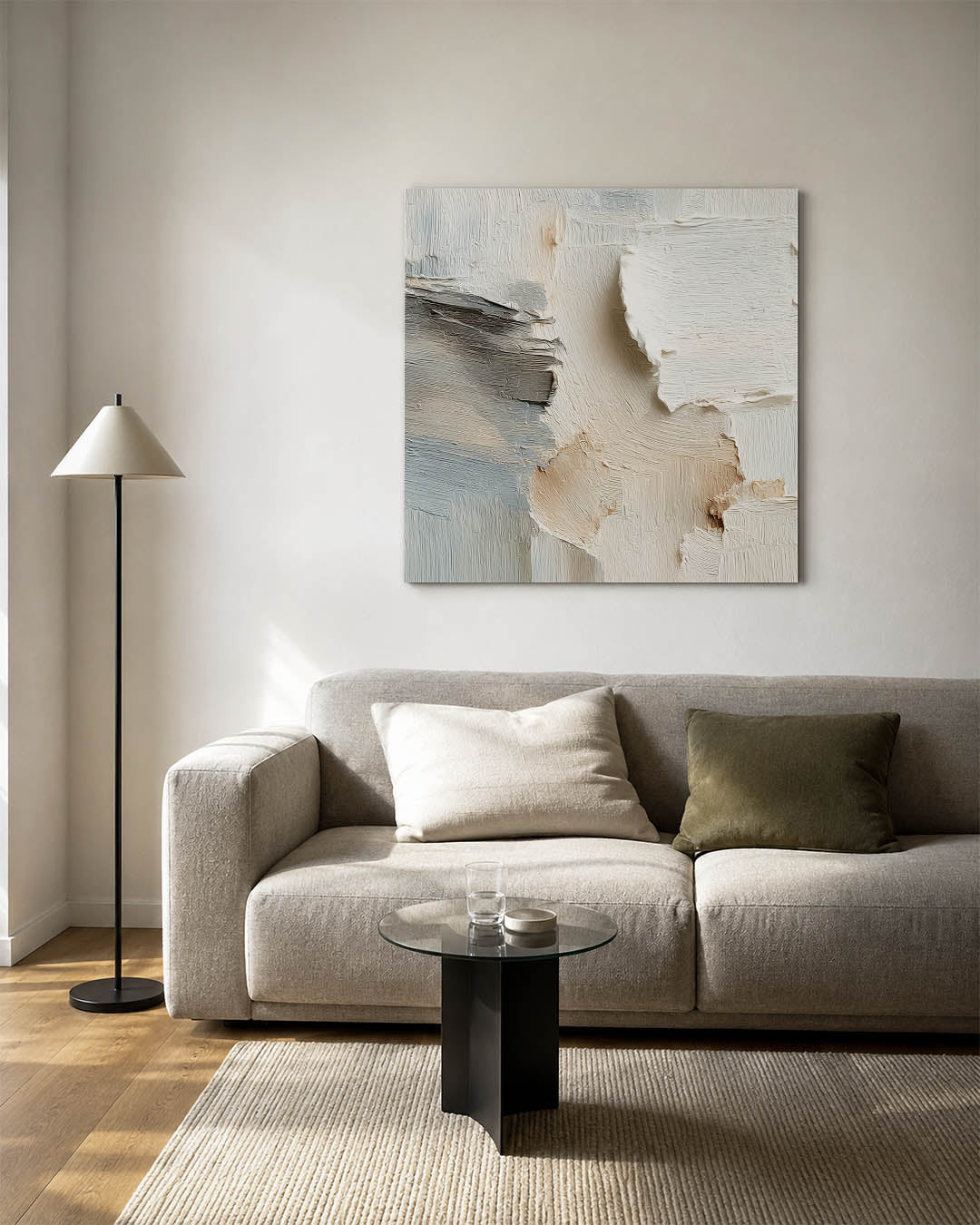 Textuur en neutraliteit kunstwerk – vierkante wanddecoratie – dit werk toont een subtiele mix van beige en wit met grijze