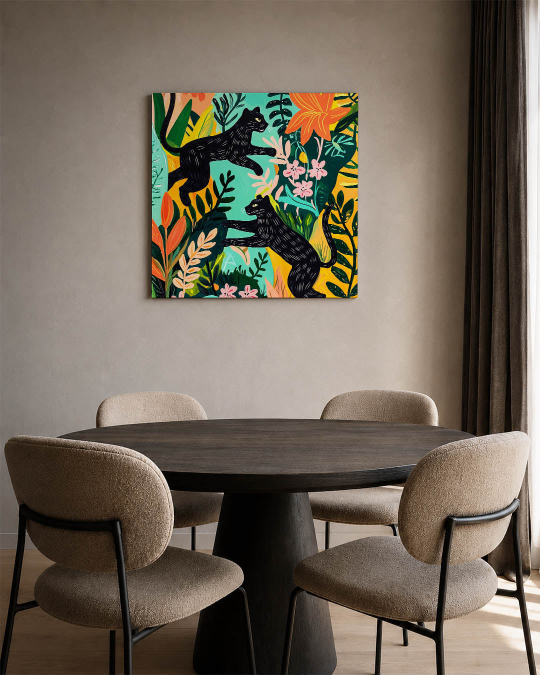 Speelse dieren in jungle kunstwerk – derde productweergave – dit kunstwerk toont twee zwarte katten in een levendige jungle