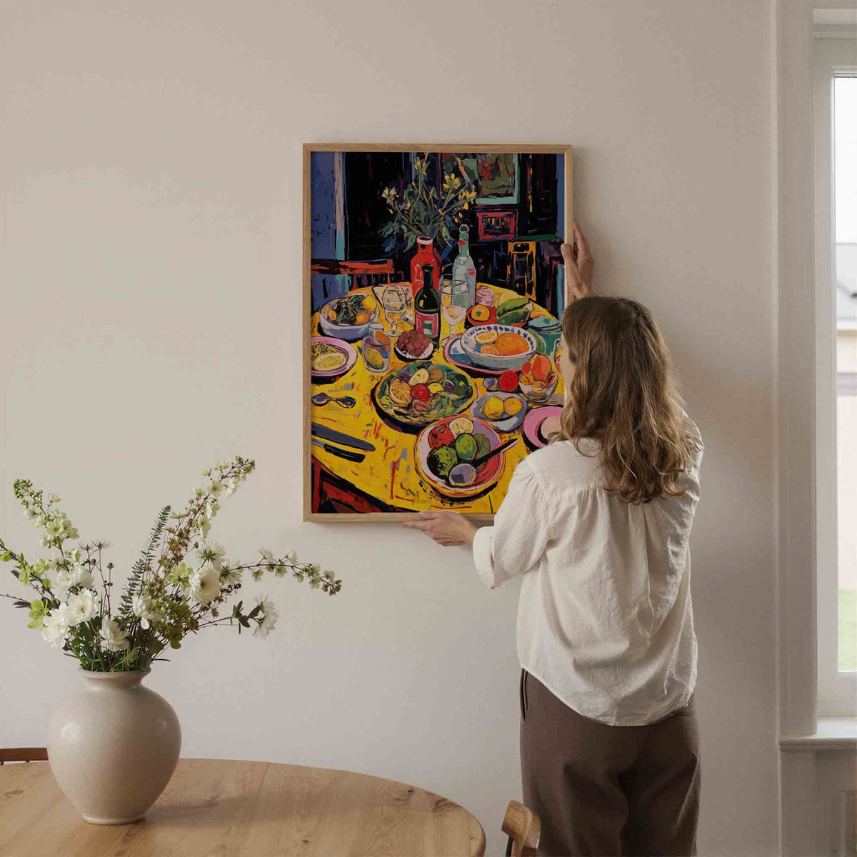Fruit en flessen op tafel – botanische wandkunst als portret poster