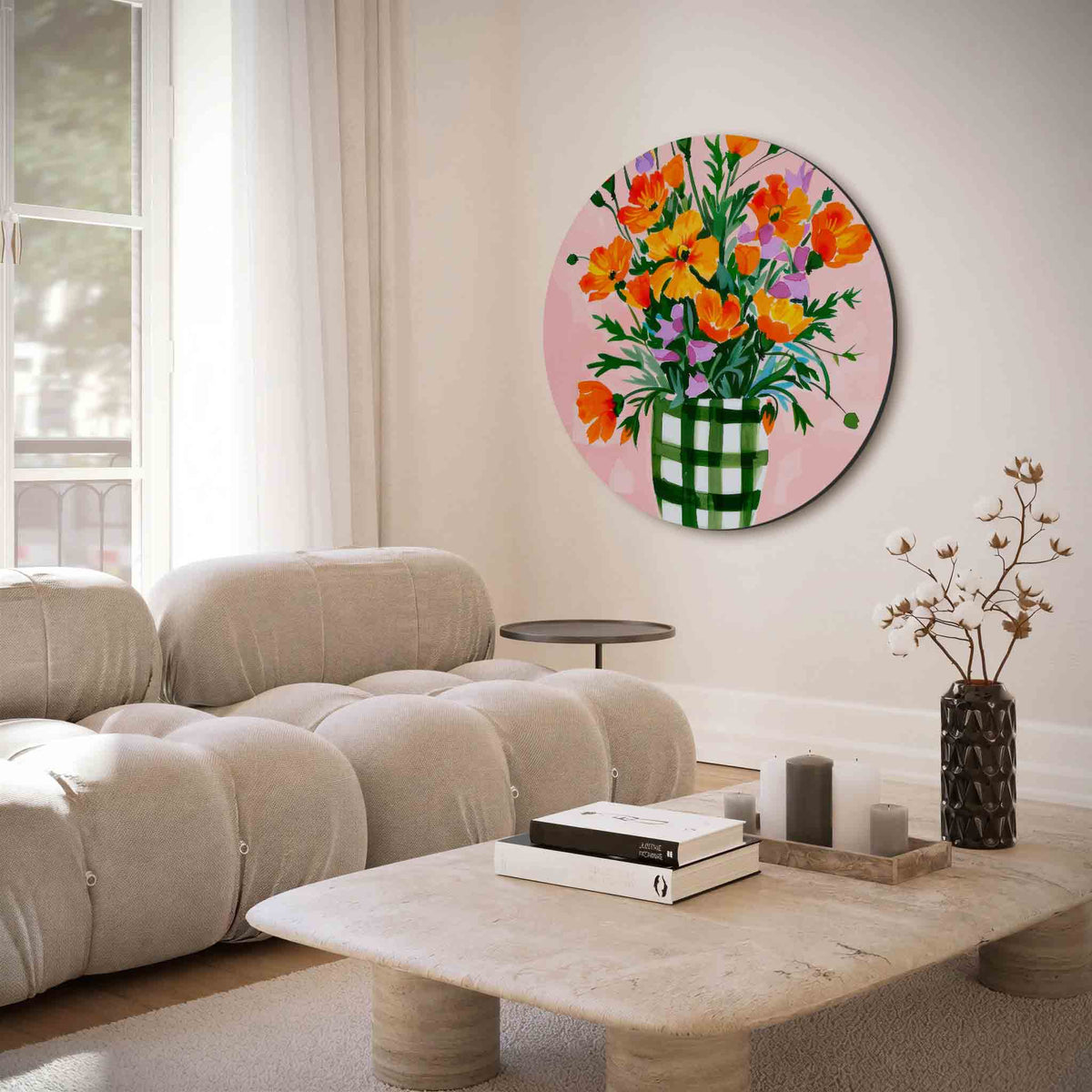 Bloemen in vaas – illustratie muurcirkel als ronde muurdecoratie