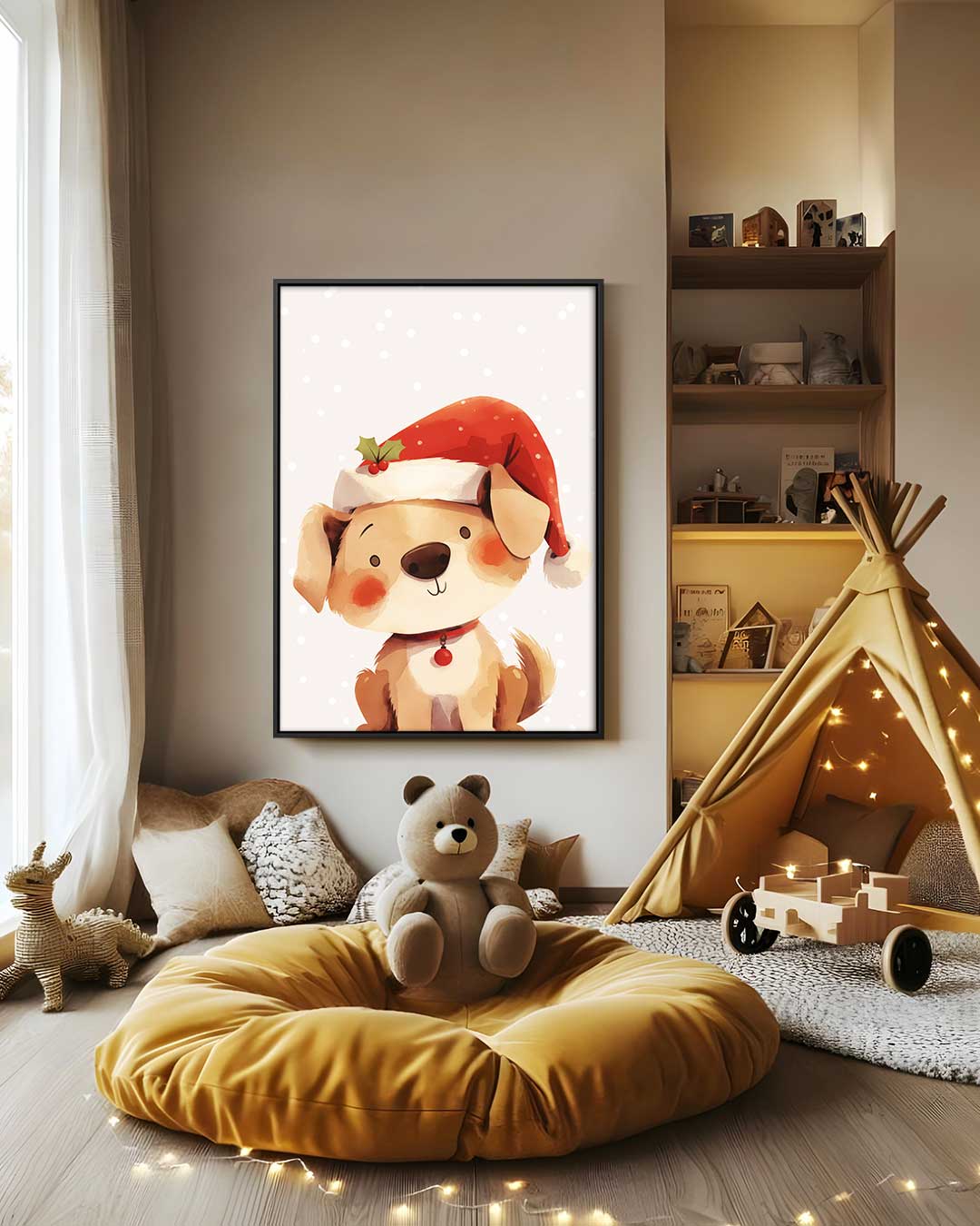 Kerstige Hond met Kerstmuts – staand kunstwerk voor modern interieur