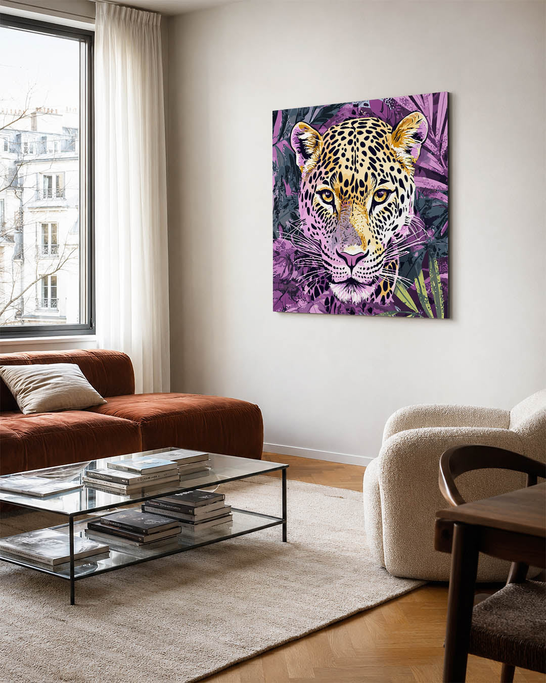 Levendige luipaard portret kunstwerk – vierkante wanddecoratie – dit werk toont een gedetailleerd luipaardportret met