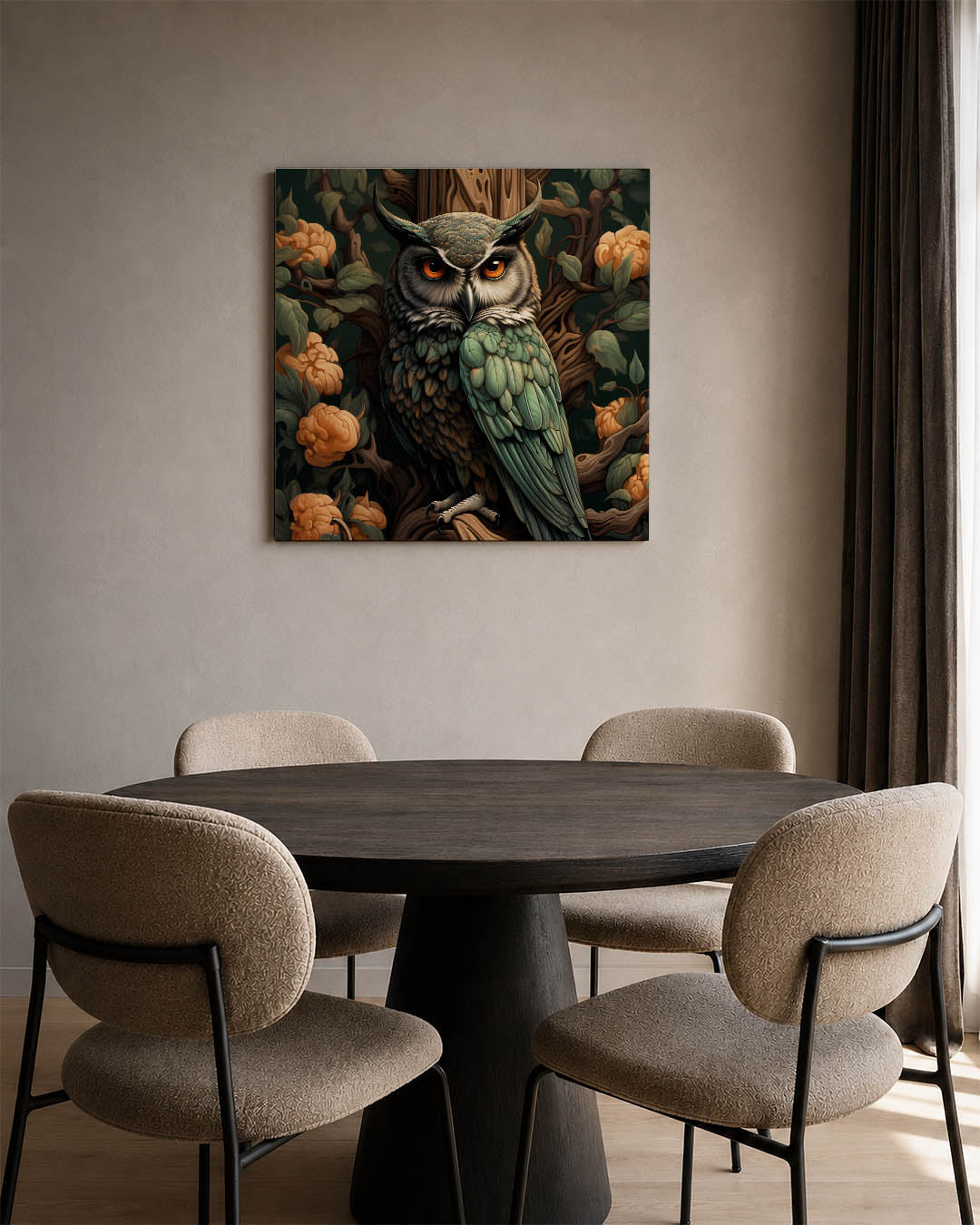 Uil in bloemen kunstwerk – vierkante wanddecoratie – dit kunstwerk toont een gedetailleerde uil omringd door bloemen en
