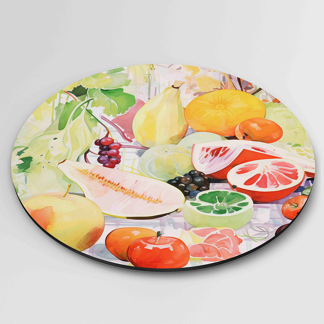 Fruit en bladeren – kleurrijke wandkunst als muurcirkel