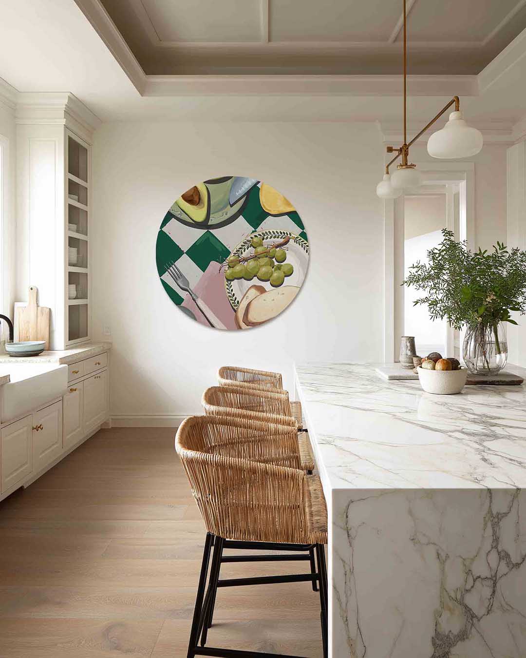 Avocado en druiven – abstracte muurcirkel als ronde wanddecoratie