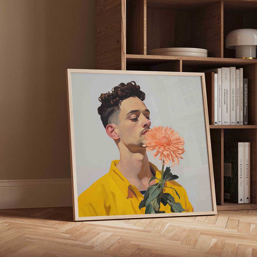 Man met bloem – moderne wandkunst als vierkante poster