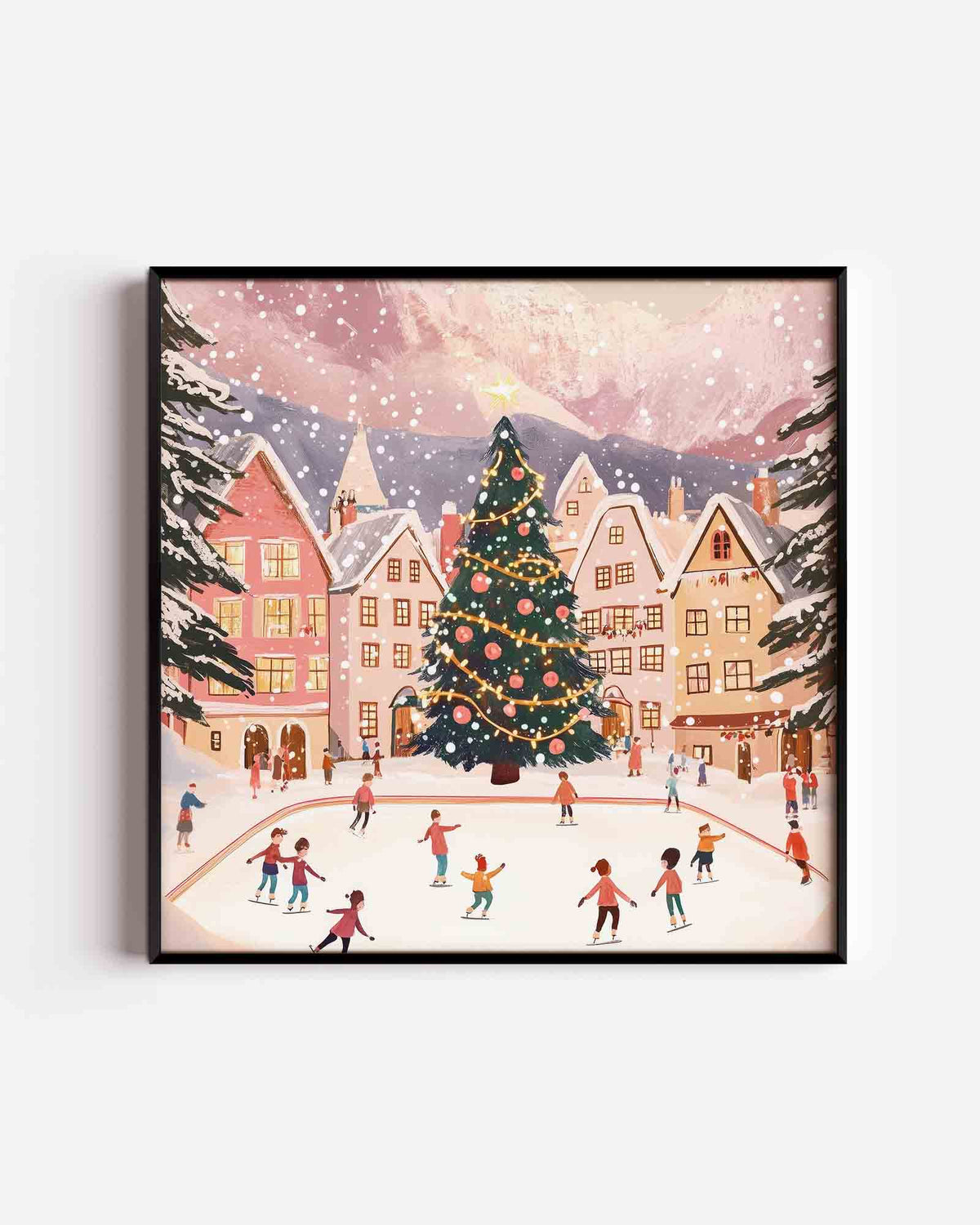 Schaatsende mensen bij kerstboom – vierkante kinderposter als wanddecoratie