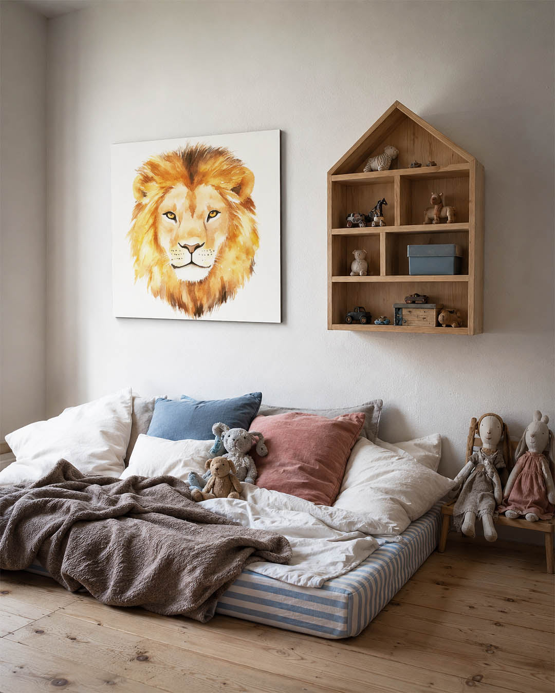 Leeuwenkop aquarel kunstwerk – derde productweergave – dit kunstwerk toont een gedetailleerde leeuwenkop in warme tinten, met