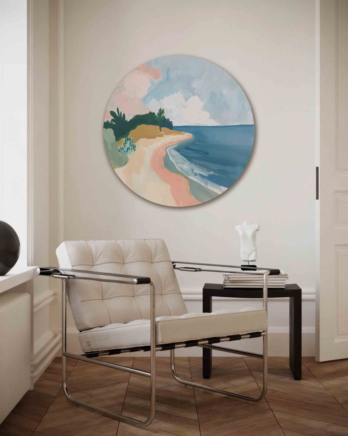 Strand en zee – kleurrijke muurcirkel als ronde wanddecoratie