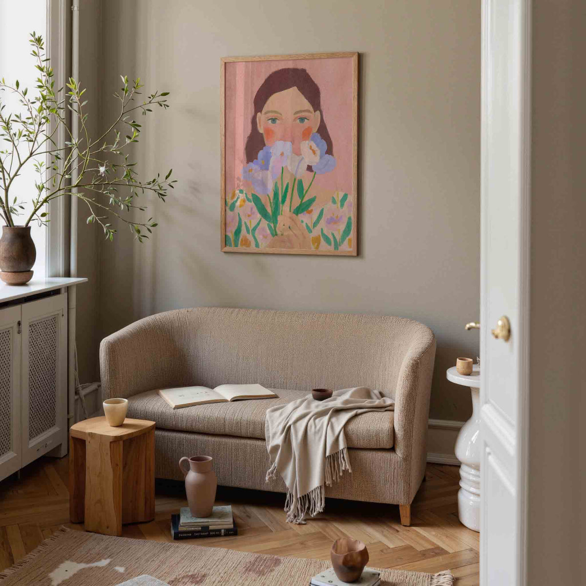 Vrouw met bloemen – pastel poster in staand formaat