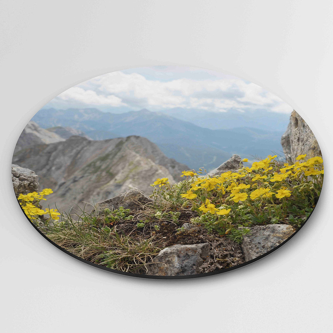 Berglandschap met gele bloemen – muurcirkel fotografie als moderne wanddecoratie