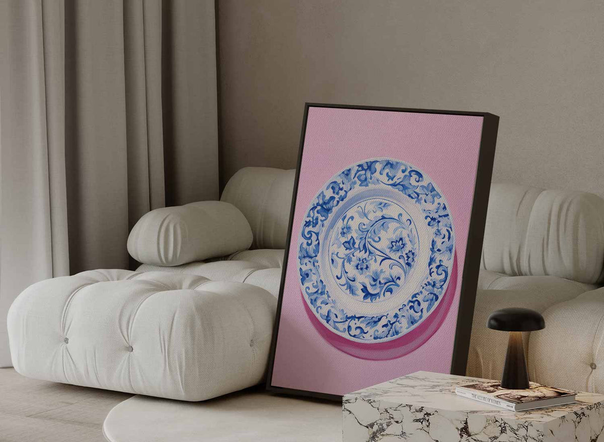 Blauwe Bloemenpracht op Roze – portret kunstwerk als wanddecoratie, afbeelding 13